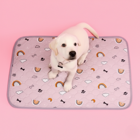 White puppy on a pink mat with dog-themed patterns against a pink background